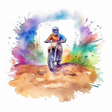 watercolor clipart of dirt bike of road track, environment scene, rainbow colors