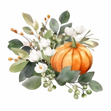Autumn Pumpkin, Fall Flower Bouquet, Arrangement, Green Leaves, Gray Eucalyptus Leaves, White Fruits, Watercolor, Clipart, Illustration, French Style, White Background