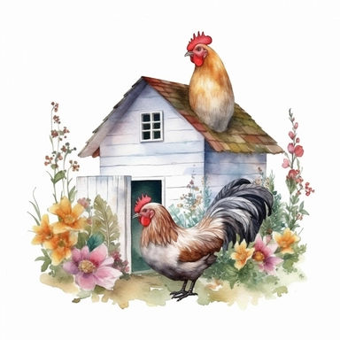 Small Farm house for Chicken Sitting over leaves and Flowers Surrounded,Isolated,Watercolor Clipart,White Background