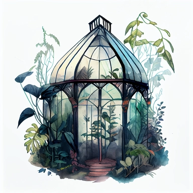 on a white background for a clipart realistic and detailed whimsical deep and bright color watercolor and black ink illustration in the 2d anime style. a glass greenhouse in art deco style. Add magic vegetation, magical details and mystical atmosphere. plants are everywhere