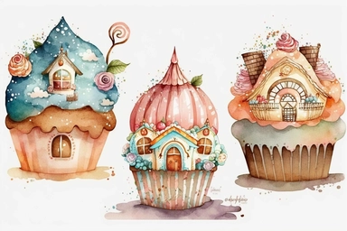 Very cute and Whimsical cupcake houses, colorful, Watercolored illustration, clipart, white background