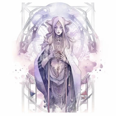 The high priestess Taro card , in the style of mystic mechanisms ,pencil art illustrations, Isolated white background, reimagined by industrial light and magic, lith printing, illusory images, watercolor clipart, very subtle purple tones, , ,