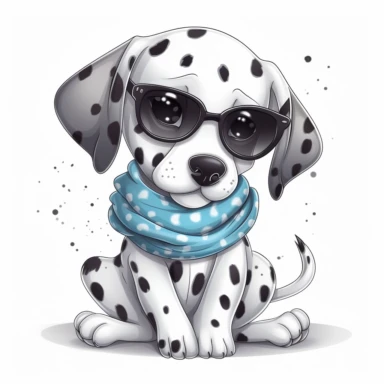 funny kawaii Dalmatian Puppy with Balenciaga sunglasses and cool bandana or necklaces, cute illustration, clipart, white backgound, Cuttable Design
