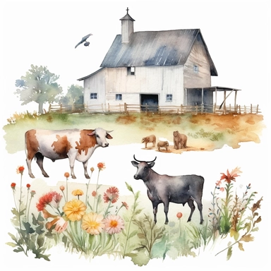 watercolor farm house clipart with meadow and some animals, white background, no comment, 8k
