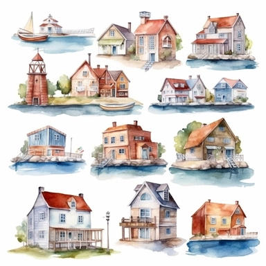 watercolor harbor village, illustrations clipart set, simple, , cartoon elements ,different variants , separate elements with a margin