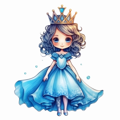 cute cartoon little blue princess with crown full body illustration clipart, detailed, black outline, white background, 4k, watercolor, digital art