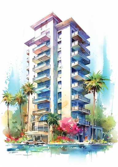 ultra detailed watercolor summer hotel, isolated on white background, realistic, clipart
