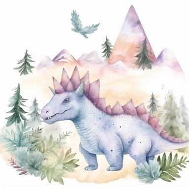 friendly, fluffy watercolor dinosaurs clipart, pastel colors, in the mountains, forest, separated, seamless, transparent background--AR 3:2