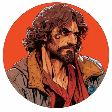 A circular tondo depicting a Dungeons & Dragons character lightly-armored human dirty filthy grungy hobo badass Arabian-style survivalist ranger warrior, Mike Allred Josh Kirby Mad Max Lord of the Rings, handpainted retrowave, clipart illustration, circle solid background