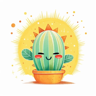 Embrace the summer spirit with an adorable clipart illustration featuring a cute cactus in a vibrant cartoon style against a clean white background. Picture a delightful cactus with a smiling face and lively eyes, radiating the joyful vibes of the season. Utilize a bright and lively color palette, featuring shades of vibrant greens, sunny yellows, and playful pops of colors like pinks or oranges, to capture the vibrant essence of a summer day. Enhance the composition with elements like sunglasse