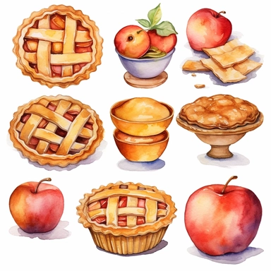6 evenly spaced out watercolor apple pie clipart white background
