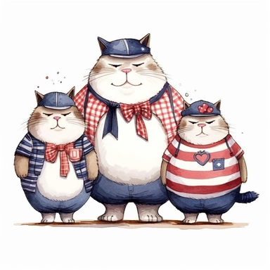 a family of fat chubby cat on 4th of July dressed in America t-shirts, funny, very funny, clipart with crisp lines and white background