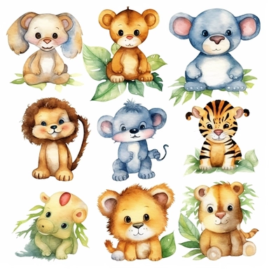Watercolor baby jungle animals , illustrations clipart set, simple , cartoon elements, different variants , , separate elements with a margin