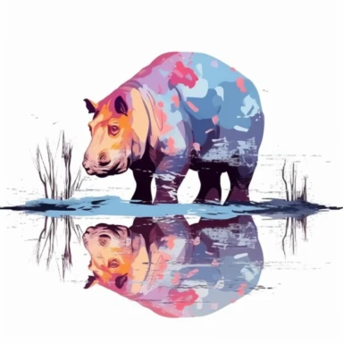curious HIPPOPOTAMUS, common hippopotamus, curiously observing its reflection in the water, designed by artist Frida Kahlo, introspective and symbolic art style, clipart, on a white background