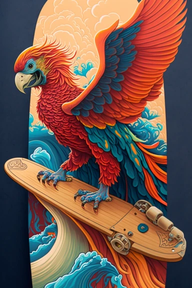a painting of a standing cartoon macaw riding kanagawa wave on a longboard surfboard, behance contest winner, psychedelic art, paisley, beautiful waves in sea, james jean and clyde caldwell, clipart, hi - fructose art magazine, katherine lam, artgram, marc newsom, sovietwave,