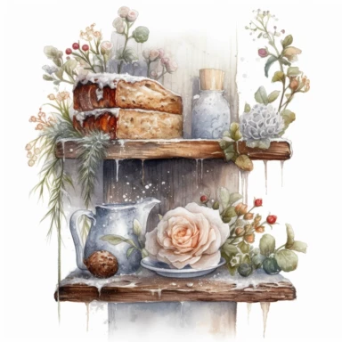 isolated on white illustration watercolor art of a part of a white kitchen shelf with bread and cake, overgrown with white and light pink roses and flowers, covered with snow and ice, a lot of moss and branches, lace and embroidery, masterpiece by Tomasz Alen Kopera style and by Carl Holsoe style and by James C. Christensen style and by Alexander Jansson style, Baroque Architecture, PNG clipart, isolated on white, white background, extreme photorealistic details, 32k HD resolution, realistic hig