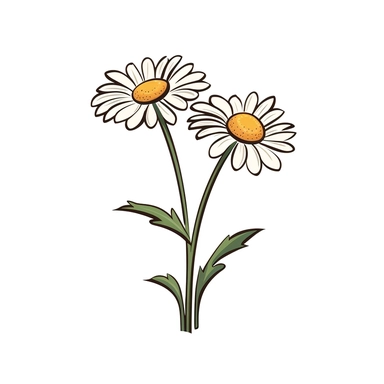 Clipart of cartoon two daisies in a minimalist style, on a white background,