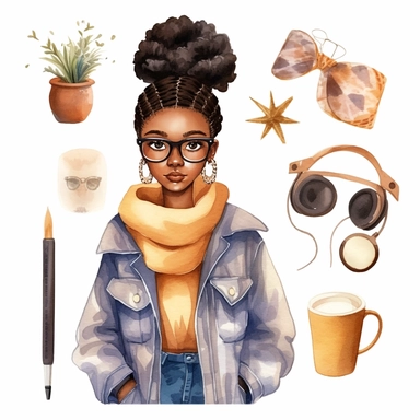 pretty African American girl water color character clipart, cute girl wearing modern style clothing realistic digital art, white background, clean ascetic s1000