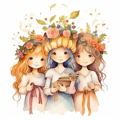 watercolour clipart, separate elements, Embark on a whimsical journey with Bells, Creamy, and Flowery - three young girls who weave wonders and magic from paper. Their artwork flourishes in the enchanting realm of watercolour, where every stroke tells a story. Meet Bells, the sweet and scatterbrained dreamer, with a great sense of humor. She immerses herself in the world of digital design, creating exquisite papers for scrapbook albums. Though she may often forget things, her delicate touch and 
