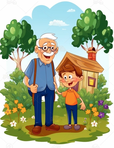 cartoon logo clipart cute happy grandfather and grandson in the garden of house