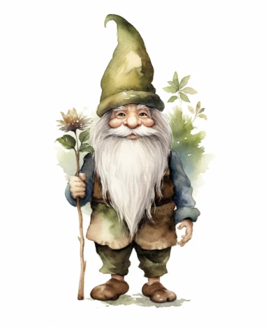 watercolour illustration for clipart, isolated smiling full length woodland gnome, large blue eyes, green and brown clothes, muted earthy tones, botanical, white background, nothing in the background