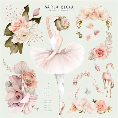 Ballerina Fashion Girl Clip Art Watercolor Clipart Ballet Dance Swan Dancer Tutu Pointe Shoes Flowers Hand Drawn Planner Sticker Graphics on white background with margins