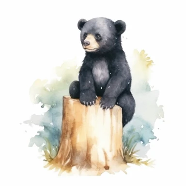 Watercolor baby Sun bear sitting on tree stump clipart, for childish cards, illustration style, on white background, detailed, hd