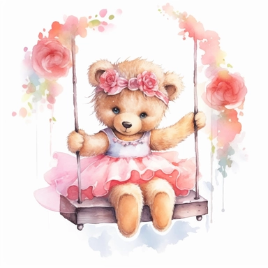 an ultra cute baby girl teddy bear wearing a tutu sitting on a swing, flower bomb, summer, Watercolor white background clipart
