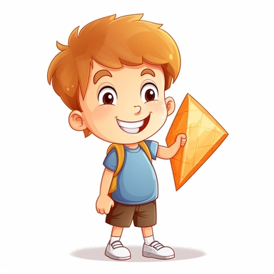 cartoon style, clipart, caucasian elementary school boy holding an orange trapezoid, smiling, white background