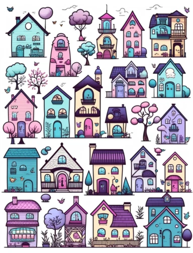 big houses and small houses, clipart style, vector, logo, cute, golden, purple, teal, pink, lite blue, picture book style, children's lesson book, captivating, kid friendly cute character, black and white, coloring book style, cartoon style, vector image, simple, line art style, character, white background
