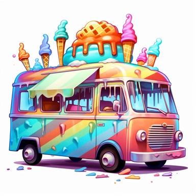 isolated clipart of an ice cream truck that's rainbow colored, in the style of light orange and dark aquamarine, digital airbrushing, tim holtz, iso 200, majismo, melting pots, soft colors