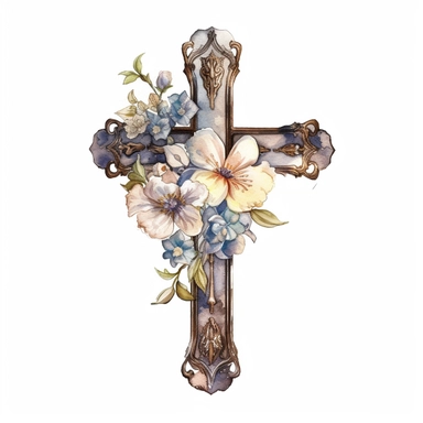 Watercolor sketch of floral cross, natural single design, highlydetailed, clipart style, white background, 8k