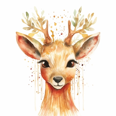 watercolor clipart of a cute adorable little reindeer, magical and enchanted, Christmas, sparkles, Christmas vibes, red green gold colors, isolated on white background