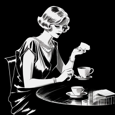 sketch clipart of 20s poster lady enjoying coffee, hd, white on black background, spaced out,--ar 3:2