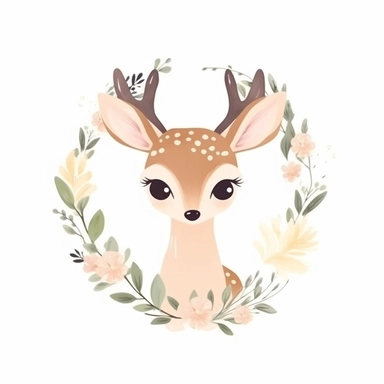 cute fawn in a dainty minimalist floral wreath, magical, kids art, clipart, isolated white background, 8k