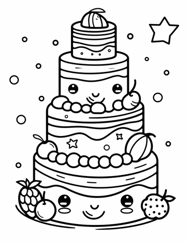 Kawaii-style layered cakes with colorful frosting and cute decorations like sprinkles and cherries For Simple Coloring page,line art, thick lines, black and white,clipart, illustration, on white background,margin Page 10px