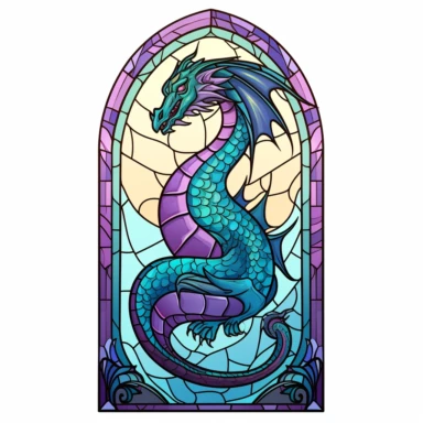Gothic arched doorway window,minimalist stained glass-inspired artwork with an dragon, showcasing transparency, simplicity, and luminous light colors in a stained glass style clipart on a white background. light colors simlisistic design Translucent effects add enchantment to the dragon within the arched doorway window.