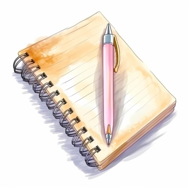 isolated illustration on a white background, a school notebook with a pen on top, Clipart, watercolor, realistic, 32K, watercolor realistic, hyperrealistic and highly detailed, soft outline, feminine style,pastel very soft pink beige and white colors