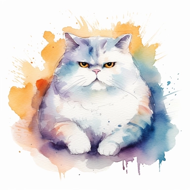 high quality hand drawing watercolor cute fat cat with different colors eyes, high detailed, white flat background, wallpaper, watercolor, clipart, 8k