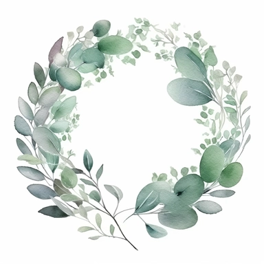 eucalyptus watercolor clipart in circle frame, wedding greenery, detailed images, hand draw, simple line outline, on a white background