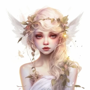 Delicate Fairy with a fragile frame, highly detailed face, and a gentle expression, Use dreamlike lighting with soft sunlight falling on the subject’s face and hair, to create an ultra-realistic image that captures the subject’s natural beauty and personality, clipart on white background