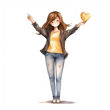 watercolor, Woman with hand on kind heart, feeling self-love, bliss, harmony, and positive emotion. Happy calm peaceful girl volunteer. Care, humanity, self-help and peace concept png Full body realistic cartoon in 32K UHD cute. 15 cm thick outline. Black color. There was no shadow on the ground. 8k with realistic watercolors and detailed illustrations. PNG clipart, transparent white background