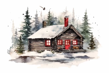 Christmas winter log cabin scene, red and green accents, watercolor clipart