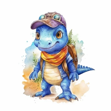 High resolution, cute kids dinosaur with backpack to school, watercolor clipart, Watercolor Sublimation design, white background for removing background