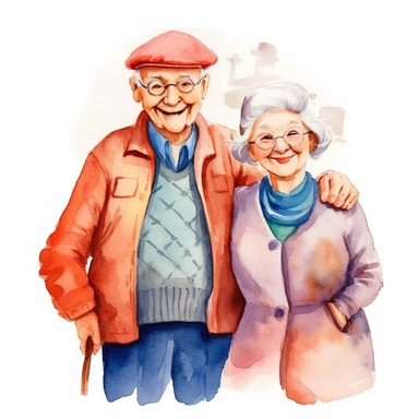 a heartwarming vibrant saturated cartoon watercolor clipart image with a white background, featuring cute sweet extremely happy elderly couple