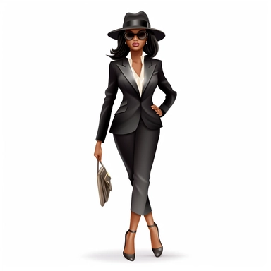 African american women wearing black suit and fedora hat Boss lady clipart modern fashion style anatomically correct realistic isolated white background