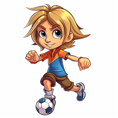 a 9 year old dark blonde long hair boy as a soccer star, comic style clipart like paw patrol