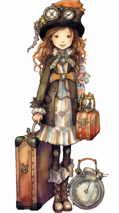 watercolor steampunk girl entire body and steampunk boy entire body with a steampunk suitcase by her side and holding a cute steampunk doll in her arms, illustration clipart by holly hobbie and mary engelbreit