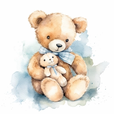 a delightful watercolor clipart image with a white background and white margins, portraying a baby bear cuddling with a fluffy teddy bear, both wearing matching bowties or bows. The ultra-detailed, hand-drawn elements capture the sweetness and warmth of the baby bear. Use pastel shades of various colors to create a visually appealing and heartwarming image that conveys love and companionship.