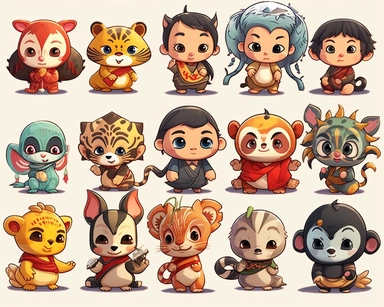 chinese cartoon characters baby clipart clipart , in the style of depictions of animals, visual puns, pattachitra, flickr, petcore, coloristic intensity, disfigured forms